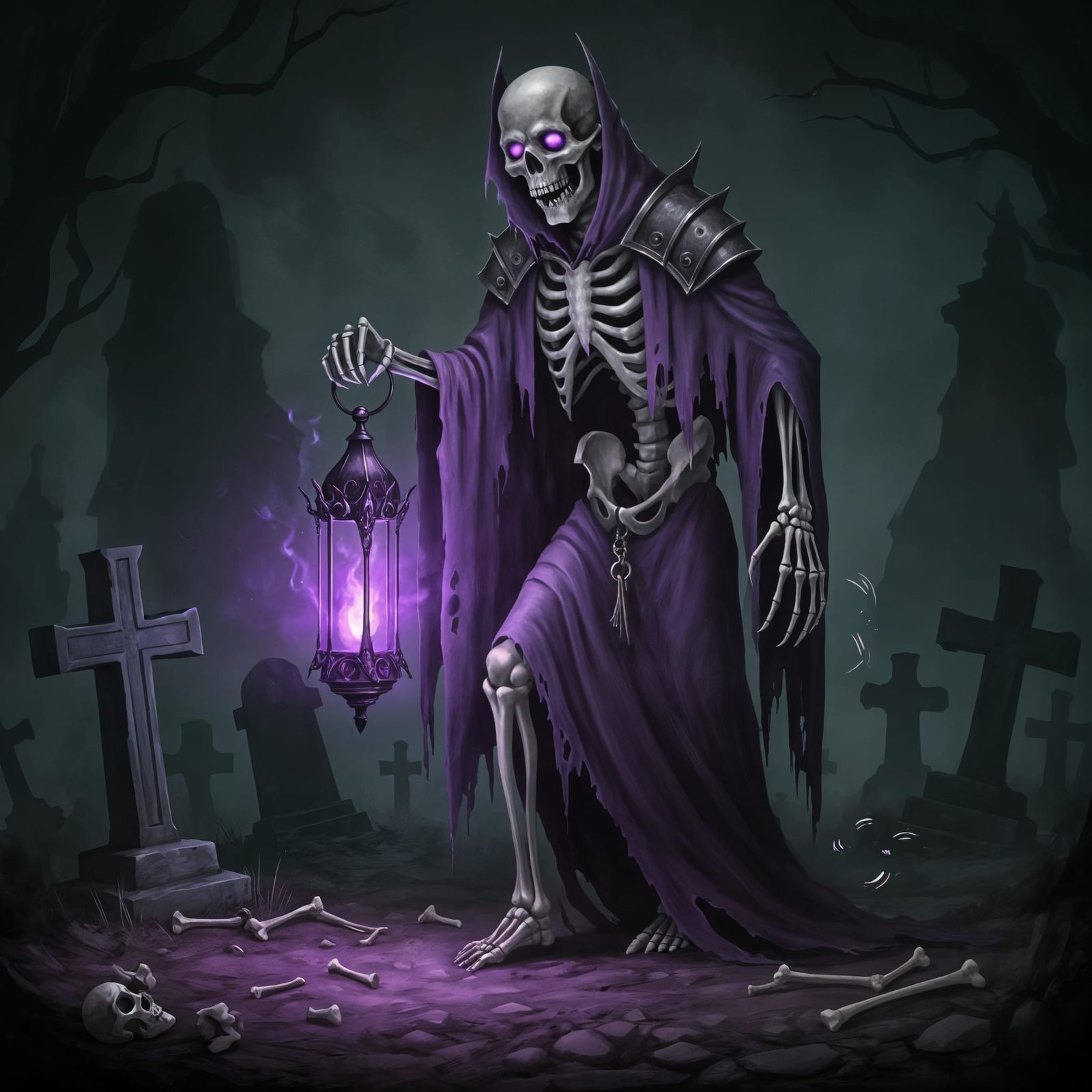 Skeletal Gravekeeper with Violet Flame Lantern