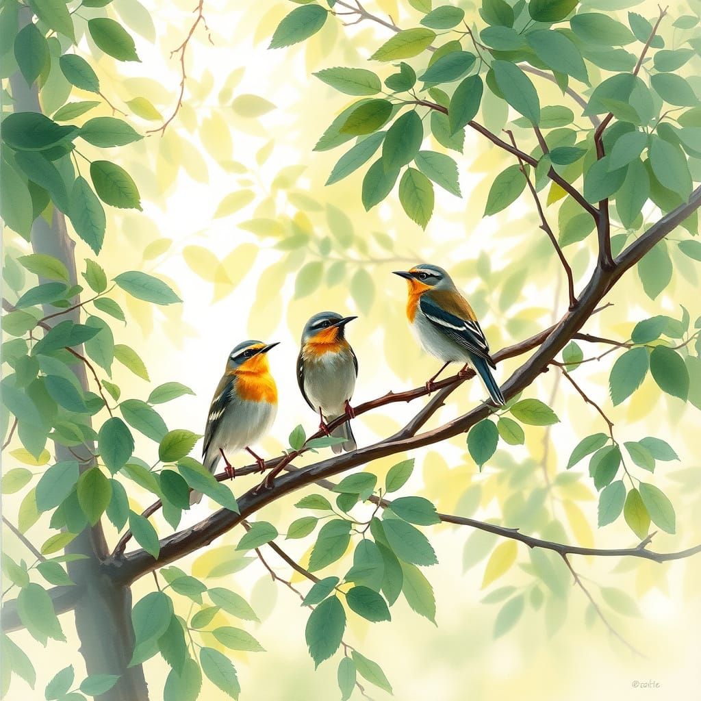 Birds in a Tree: Watercolour Painting at Dawn