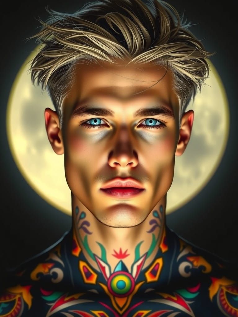 Chiseled Man in Lunar Light with Tribal Tattoos