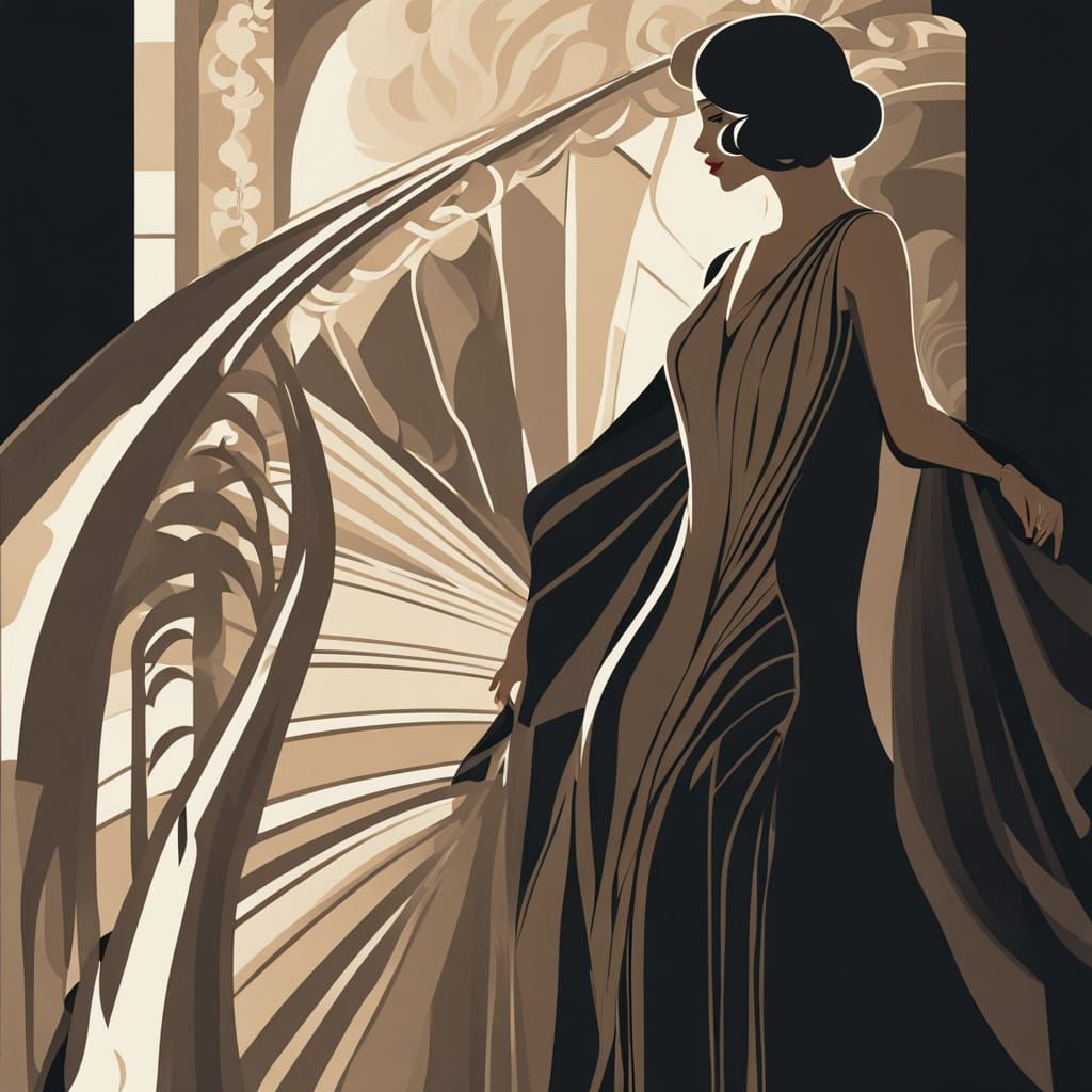 Art Deco Woman in Flowing Pleated Dress on Grand Staircase