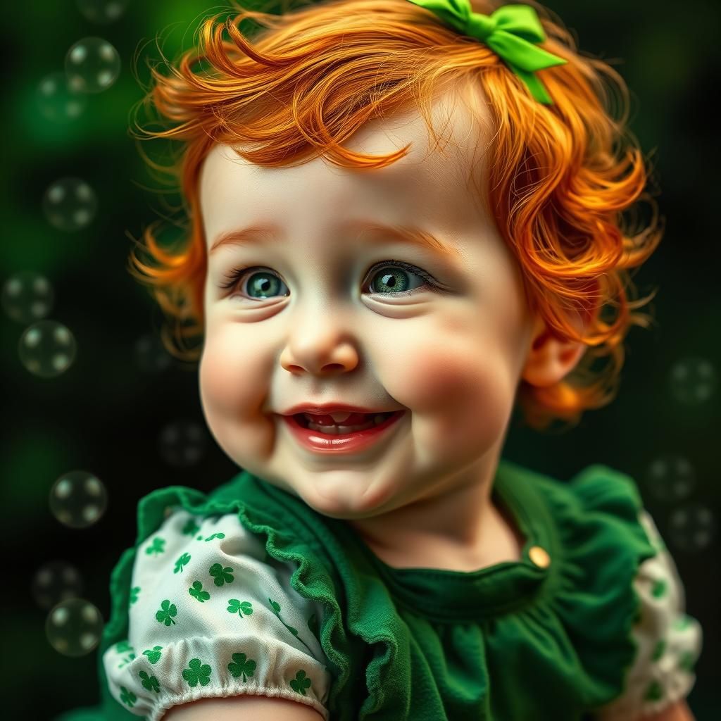 Smiling Red-Haired Baby Portrait with Green Clover Motif