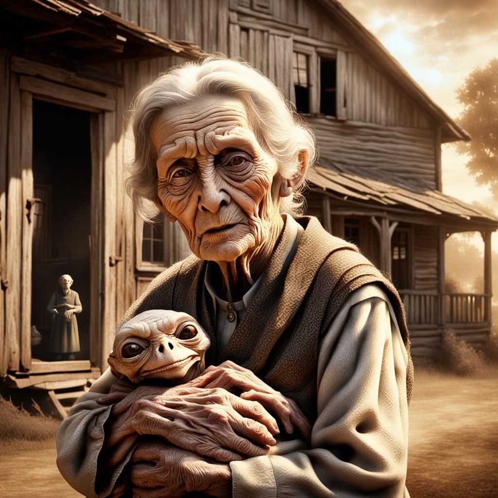 Elderly Woman with Alien: Hyperrealistic Sepia Photograph