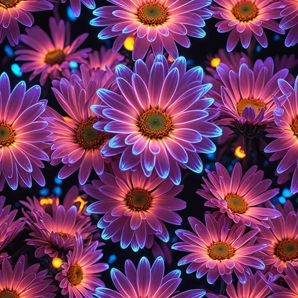 Neon Daisy Bloom in Darkness: Macro Photography