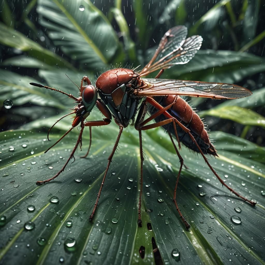 Bloodthirsty Mosquito on Banana Leaf: Digital Art