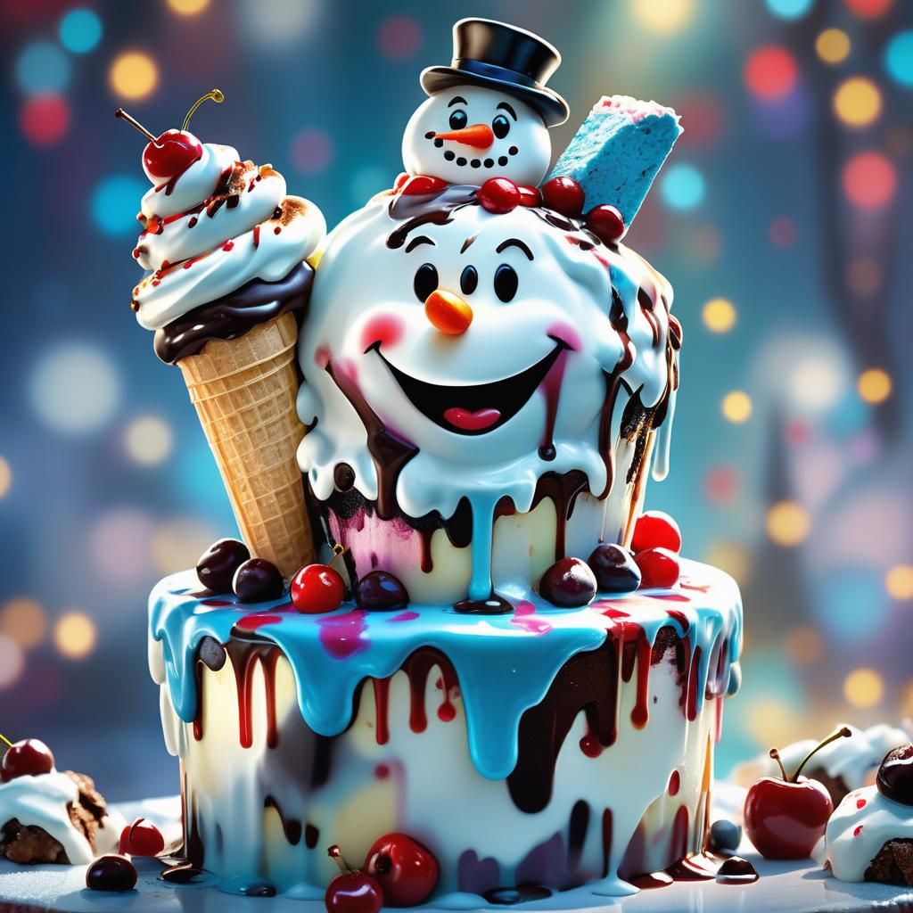 Hyperrealistic Frosty the Snowman Ice Cream Cake