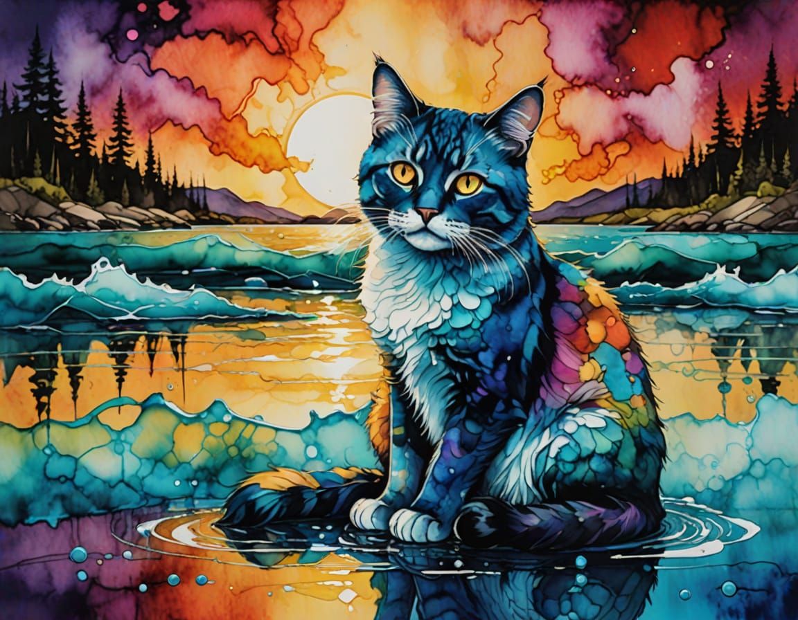 Water Cat at Sunset, Alcohol Ink Painting
