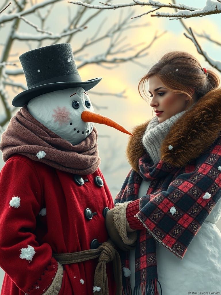 Whimsical Snowman Melts Beside Enchanting Woman in Winter La...