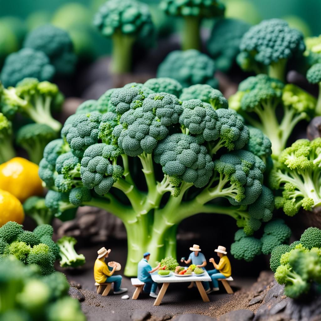 Miniature Picnic Under Broccoli: Macro Photography