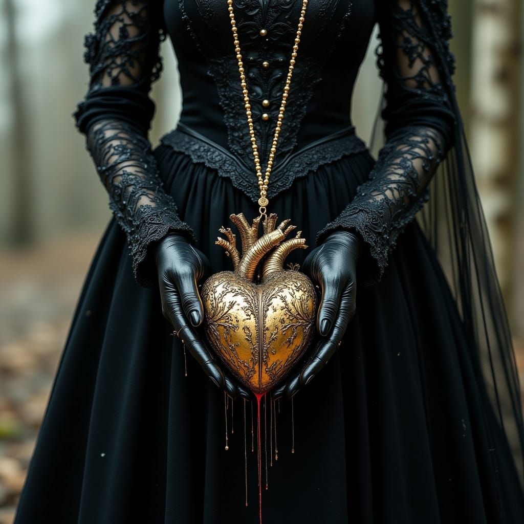Gothic Victorian Woman Holding Golden Heart