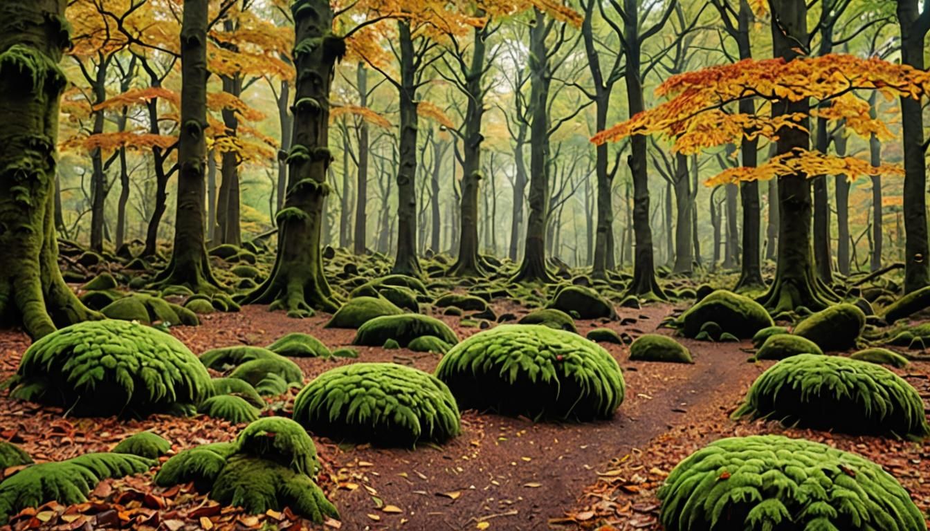 Surreal Oak Forest in Autumn with Mossy Rocks and Ferns