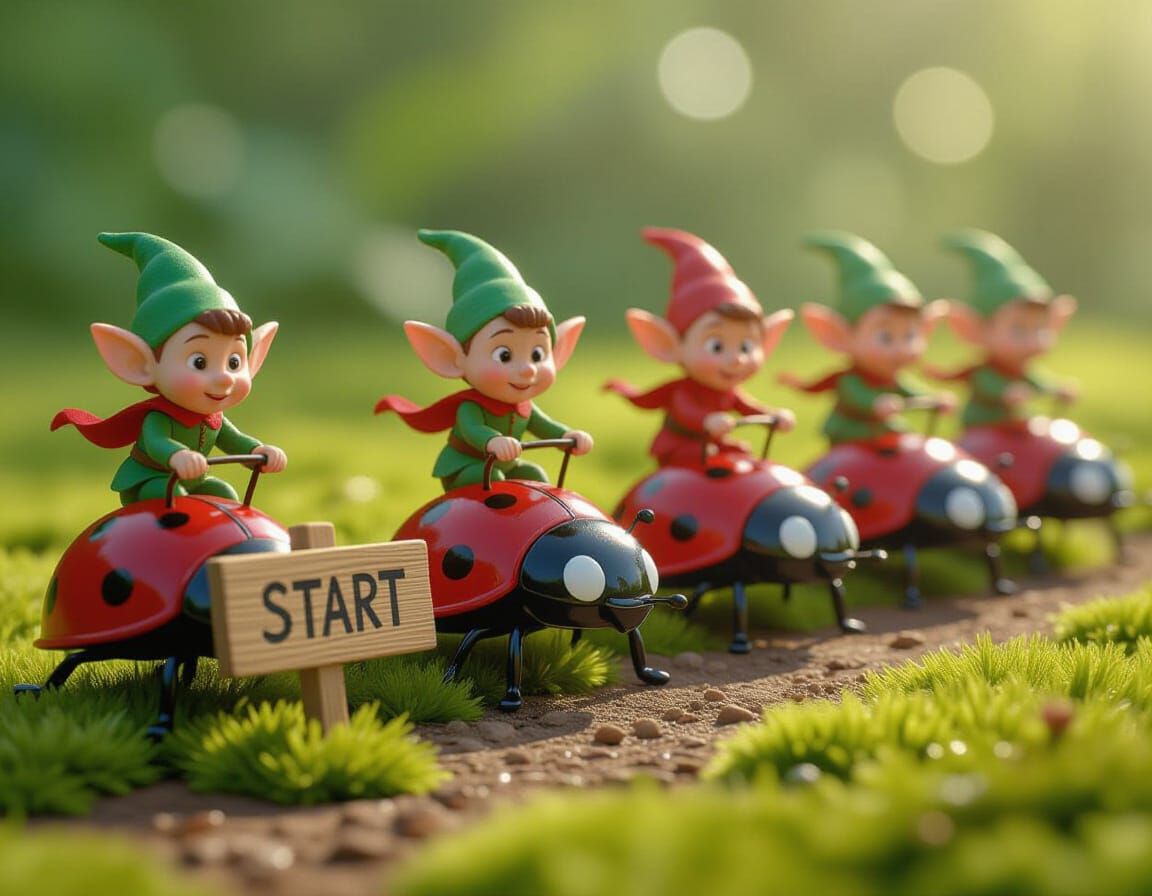 Elves Race Ladybugs: Pixar-Style Miniature Garden