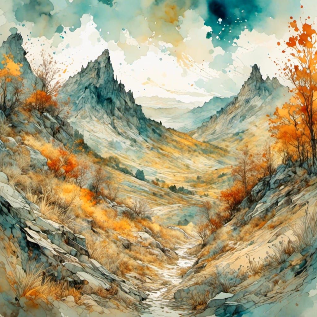 Gouache Mountain Landscape in Impressionist Style