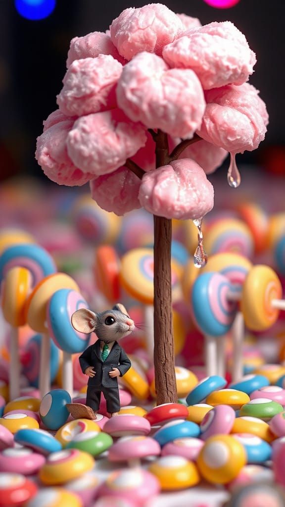 Mouse and Candy Floss Tree in Claymation Style