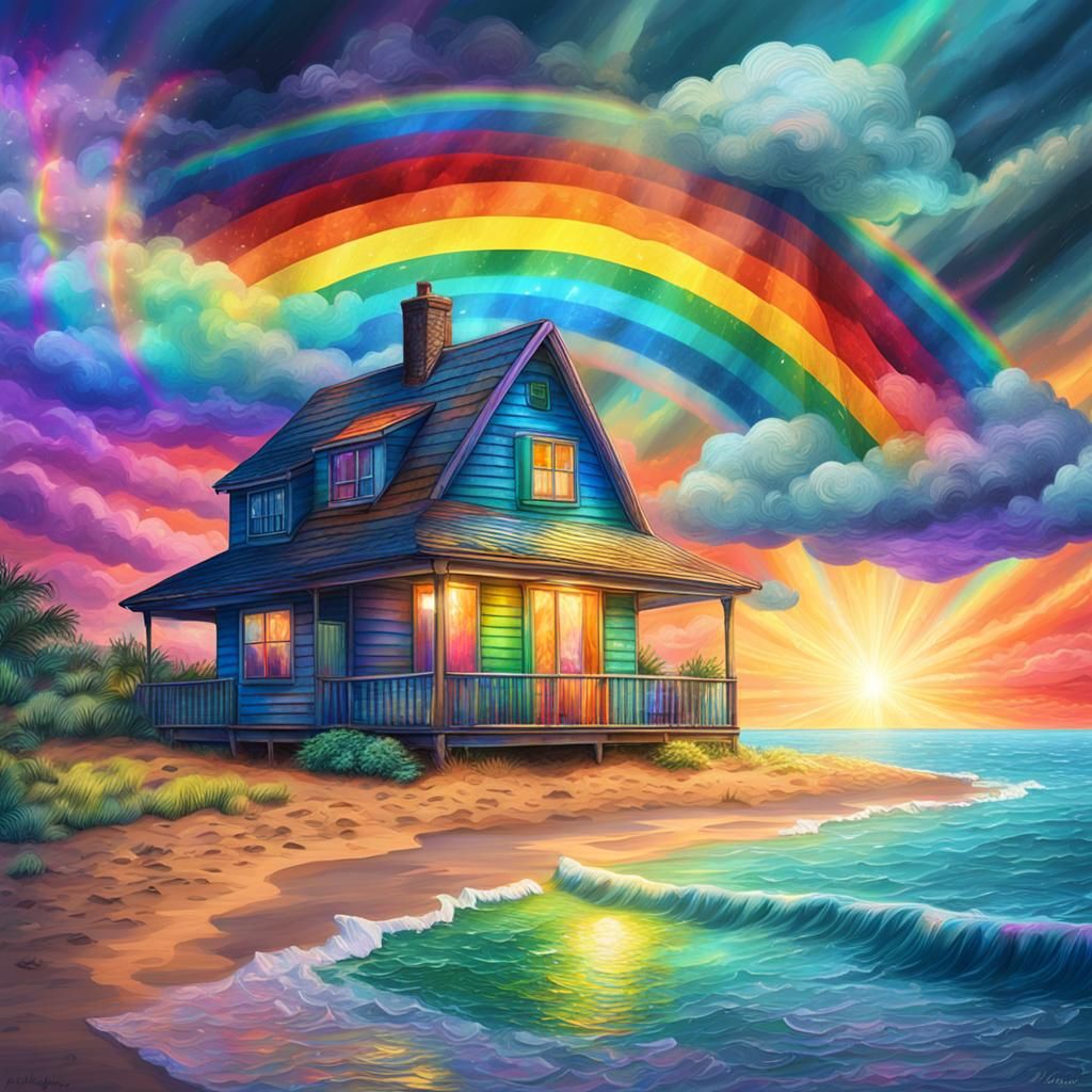 Rainbow Over Beach Cottage: Cosmic Holographic Illustration