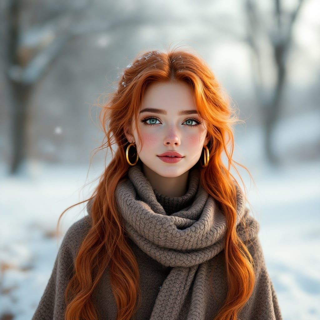 A Red-Haired Goddess Walks in Winter's First Snow