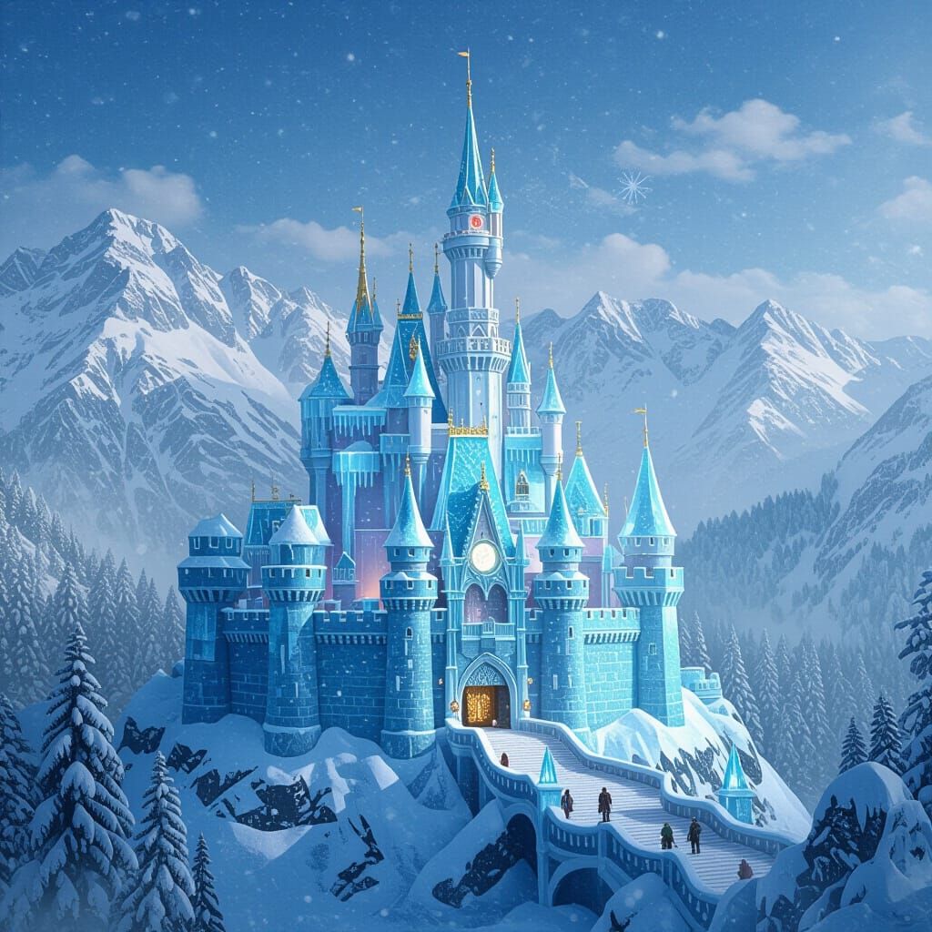 Magical Crystal Ice Castle in Snowy Mountains