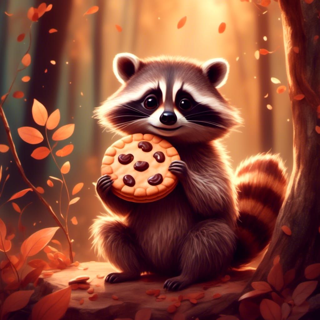 Raccoon with Cookie in Whimsical Watercolor Style