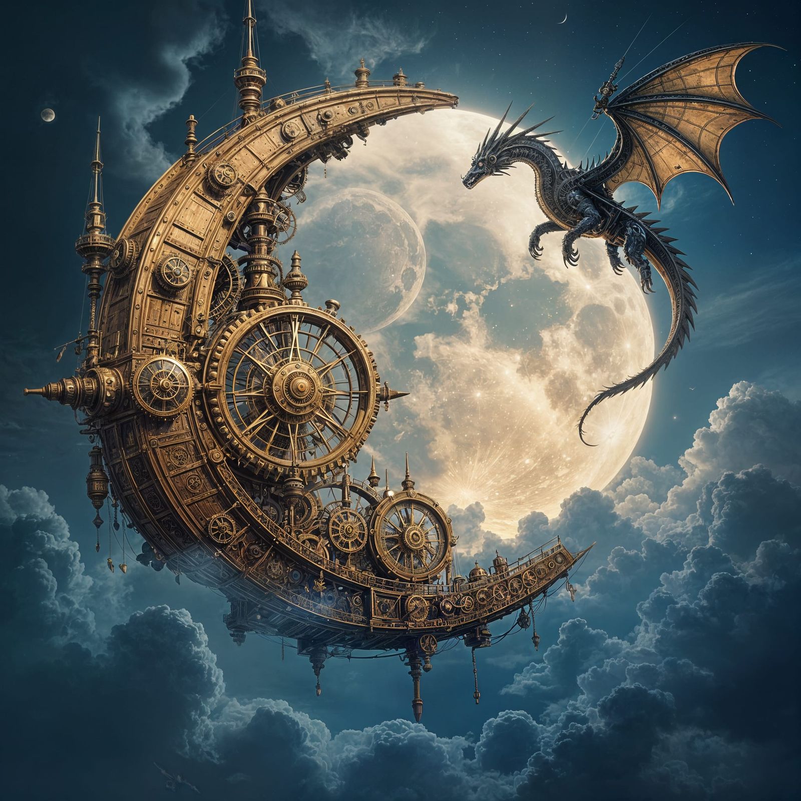 Steampunk Moon with Clockwork and Crystal Dragon