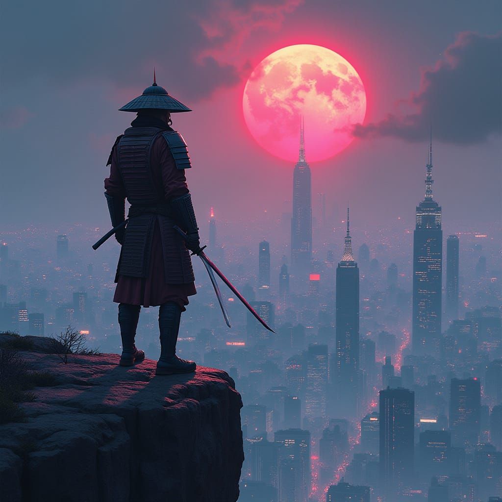 Cyberpunk Samurai Overlooking Neon Metropolis