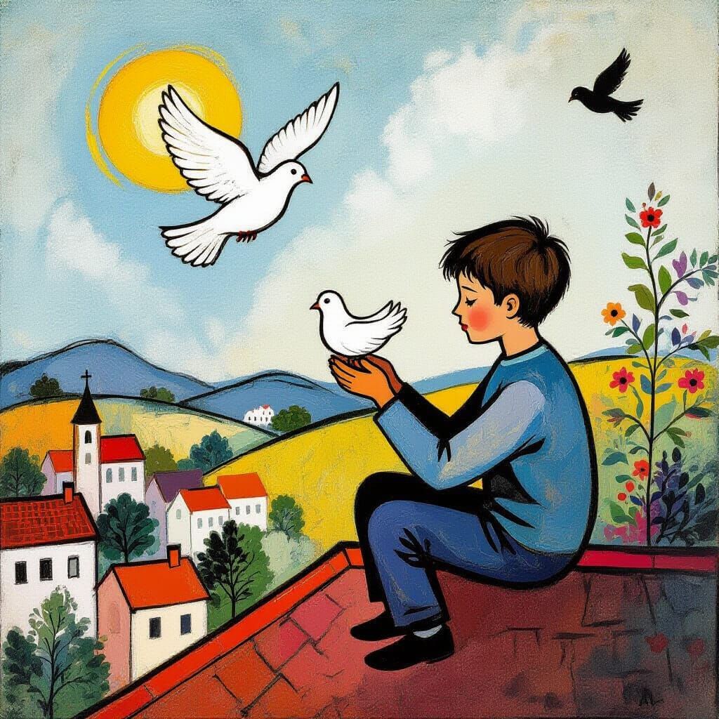 Boy with Dove on Rooftop Serene Landscape