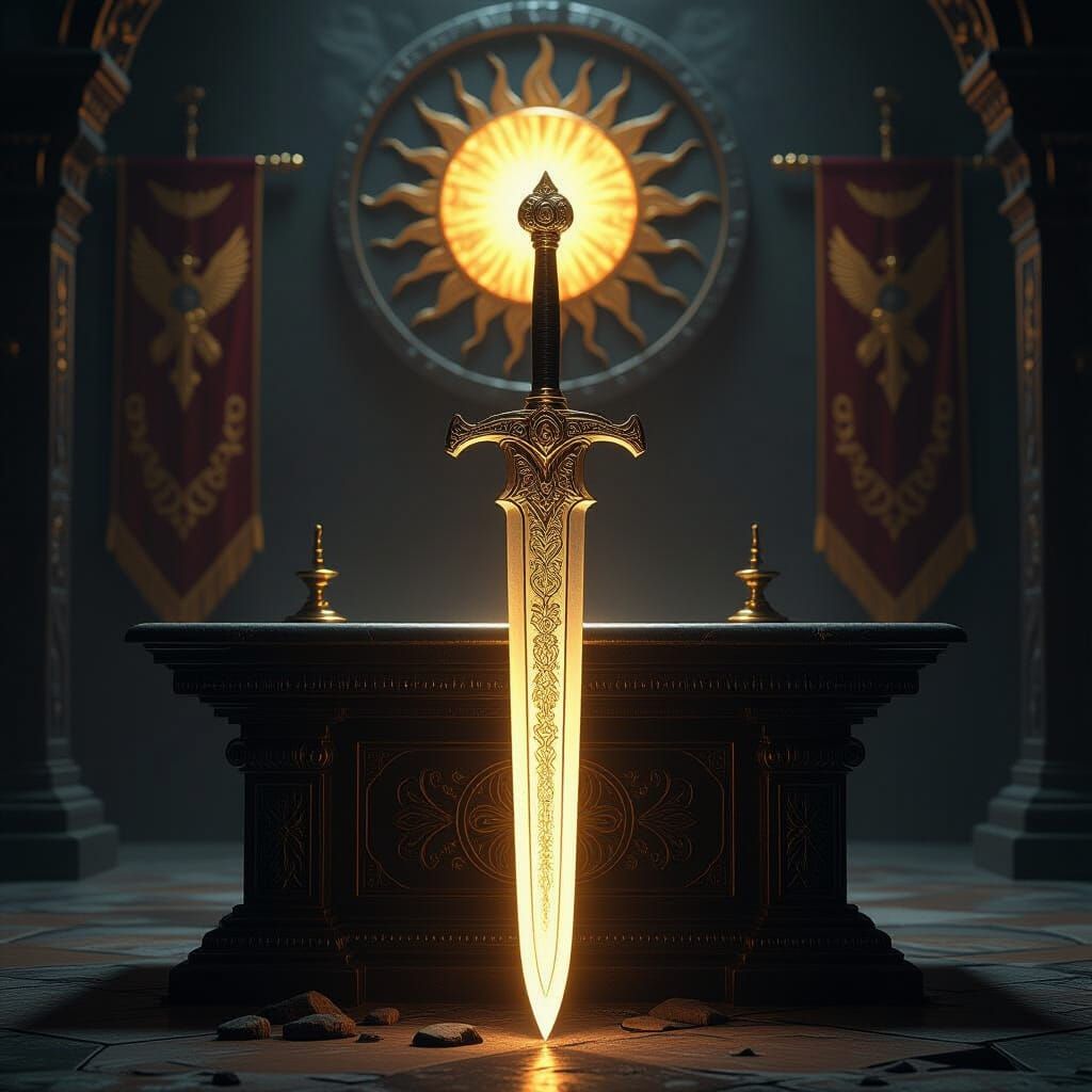 Ornate Gold Sword Hilt Radiating Light