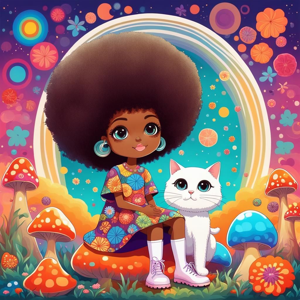60s cute chibi Afro girl in a hippie dress and shiny white g...