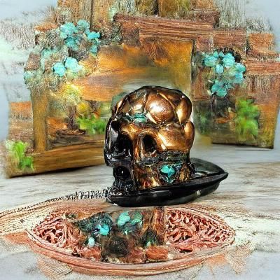 Art Nouveau Oxidized Copper Intricately Gilded Crystal Skull...