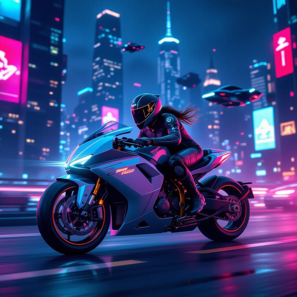 Futuristic Motorcycle Speeds Through Neon Cityscape at Night