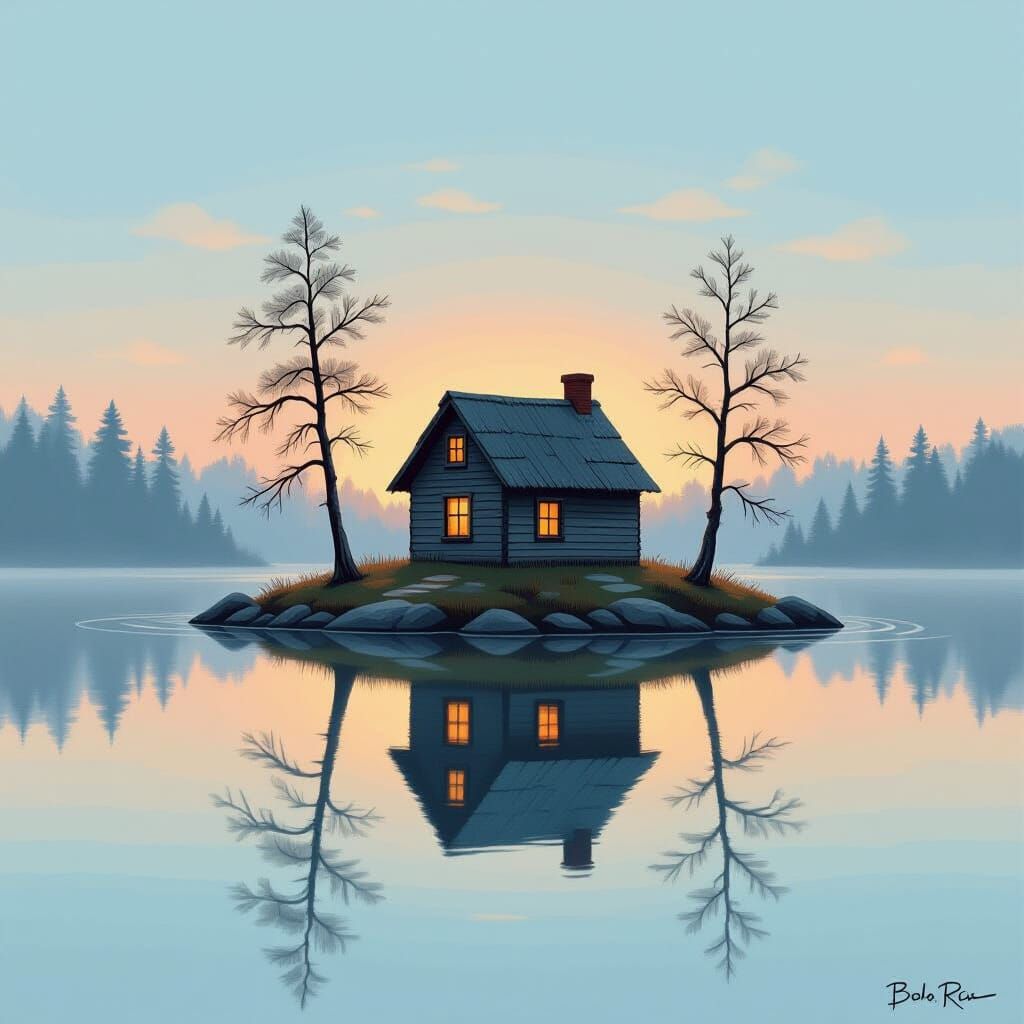 Lonely Cabin on Island at Dawn, Serene Landscape