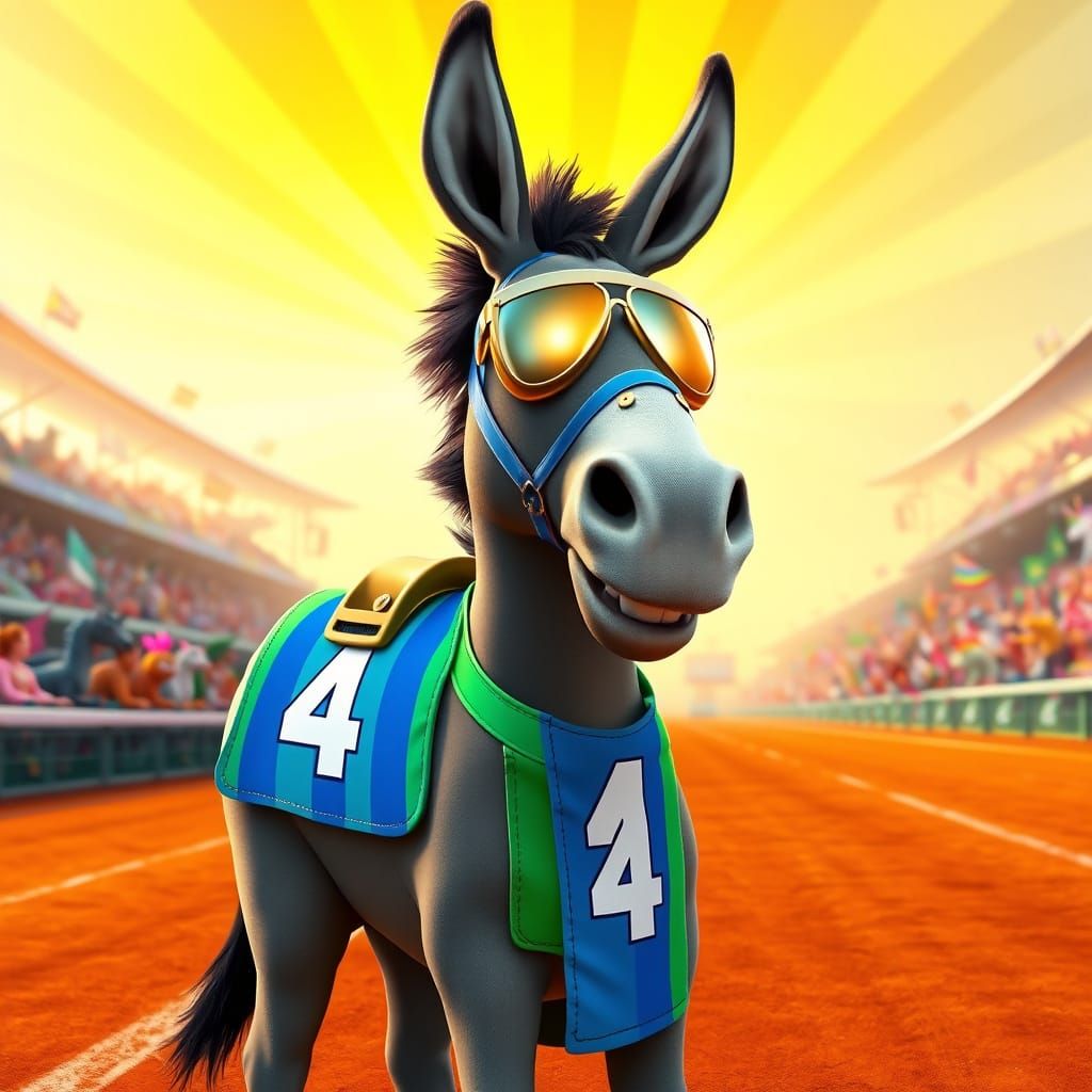 Racing Donkey in Vibrant Striped Saddle