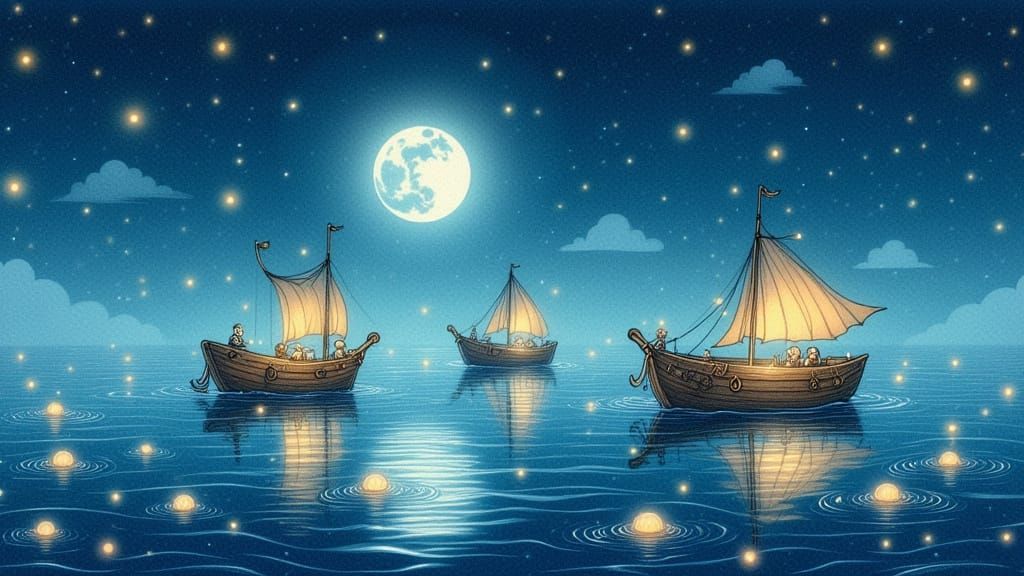 Whimsical Sailboats on a Moonlit Sea