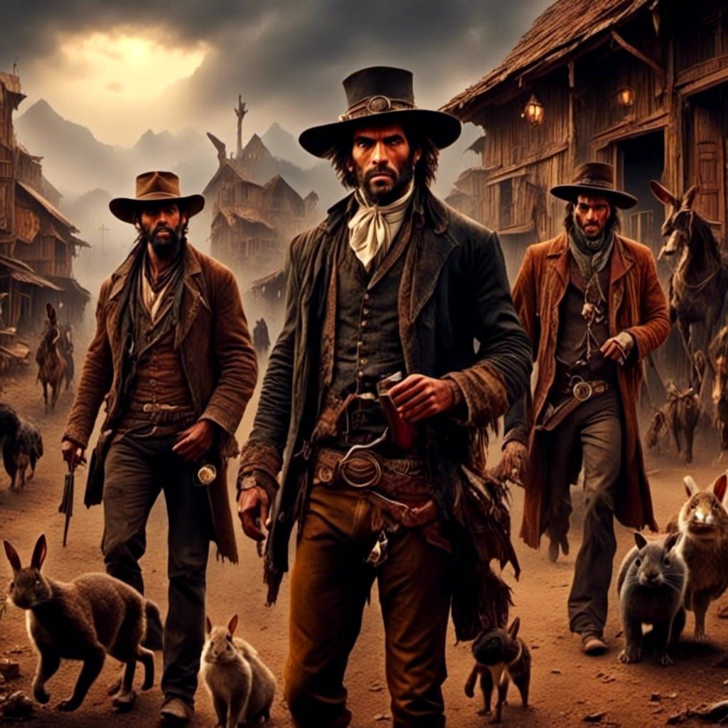 Surreal Old West Bar Scene: Shrew, Rabbit, and Priest