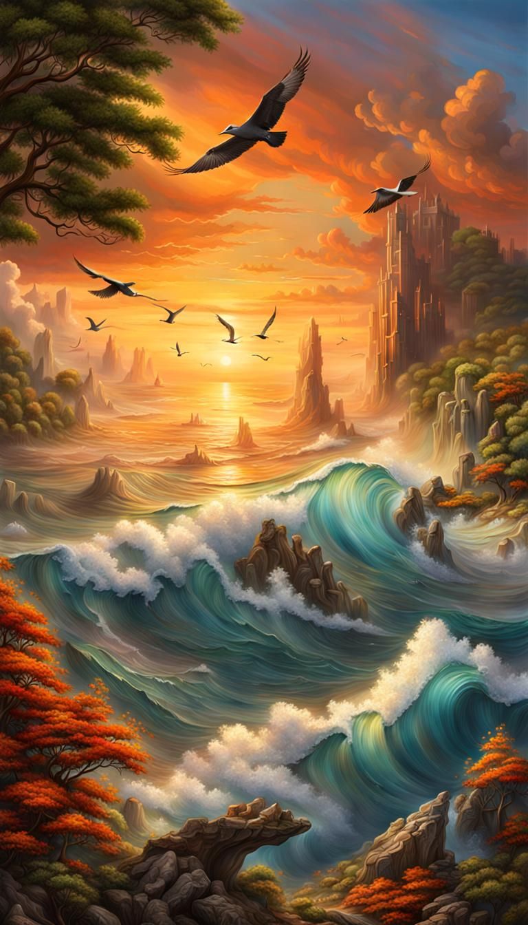 Cancun Coastline Sunset: Hyperdetailed Matte Painting