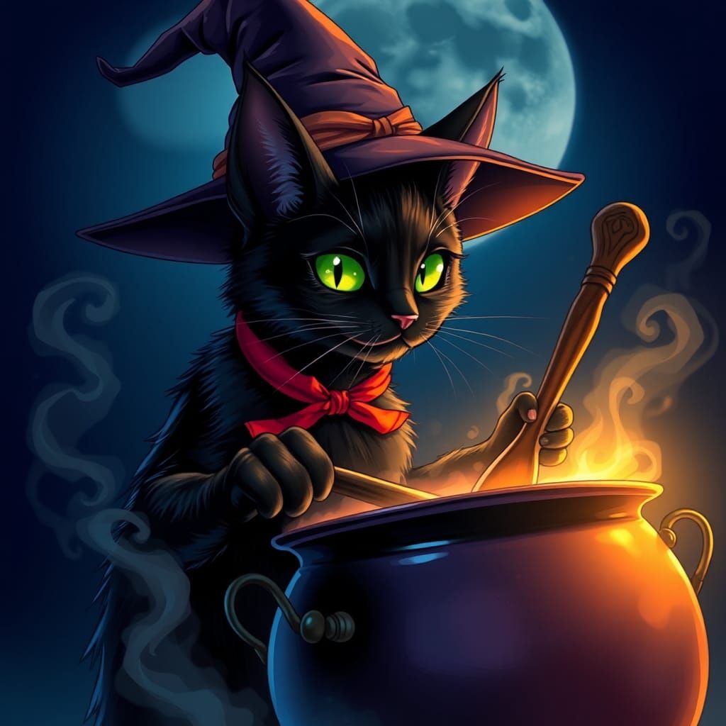 Whimsical Witch Cat Brews Potion in Anime Style