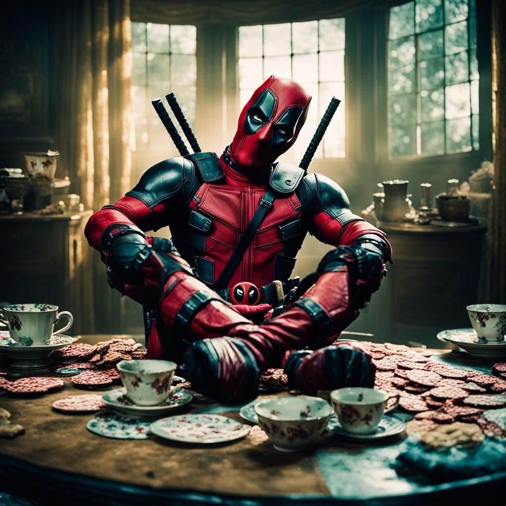 Deadpool Enters Wonderland: A Cinematic Film Still