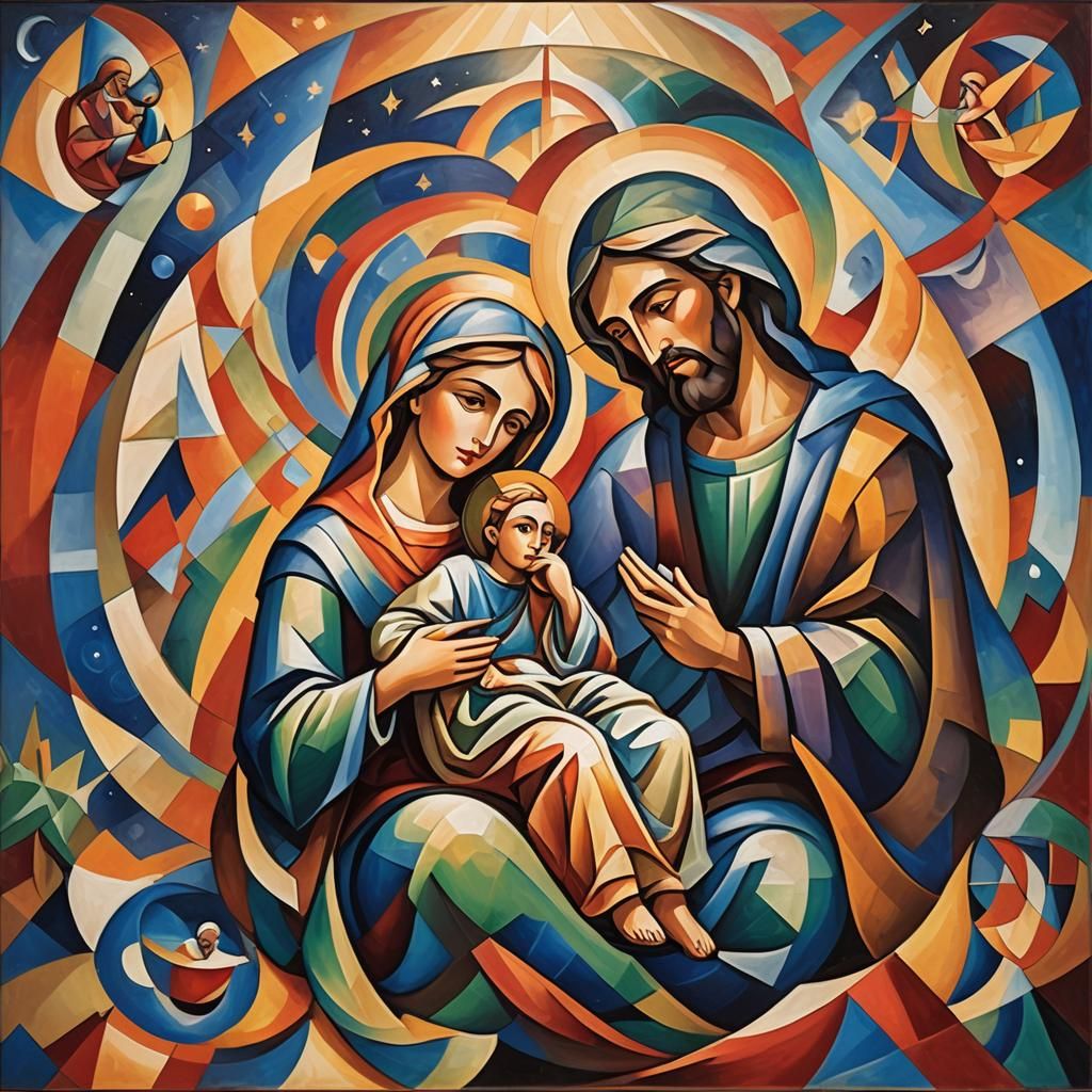 Abstract Cubist Holy Family Amidst Celestial Bodies
