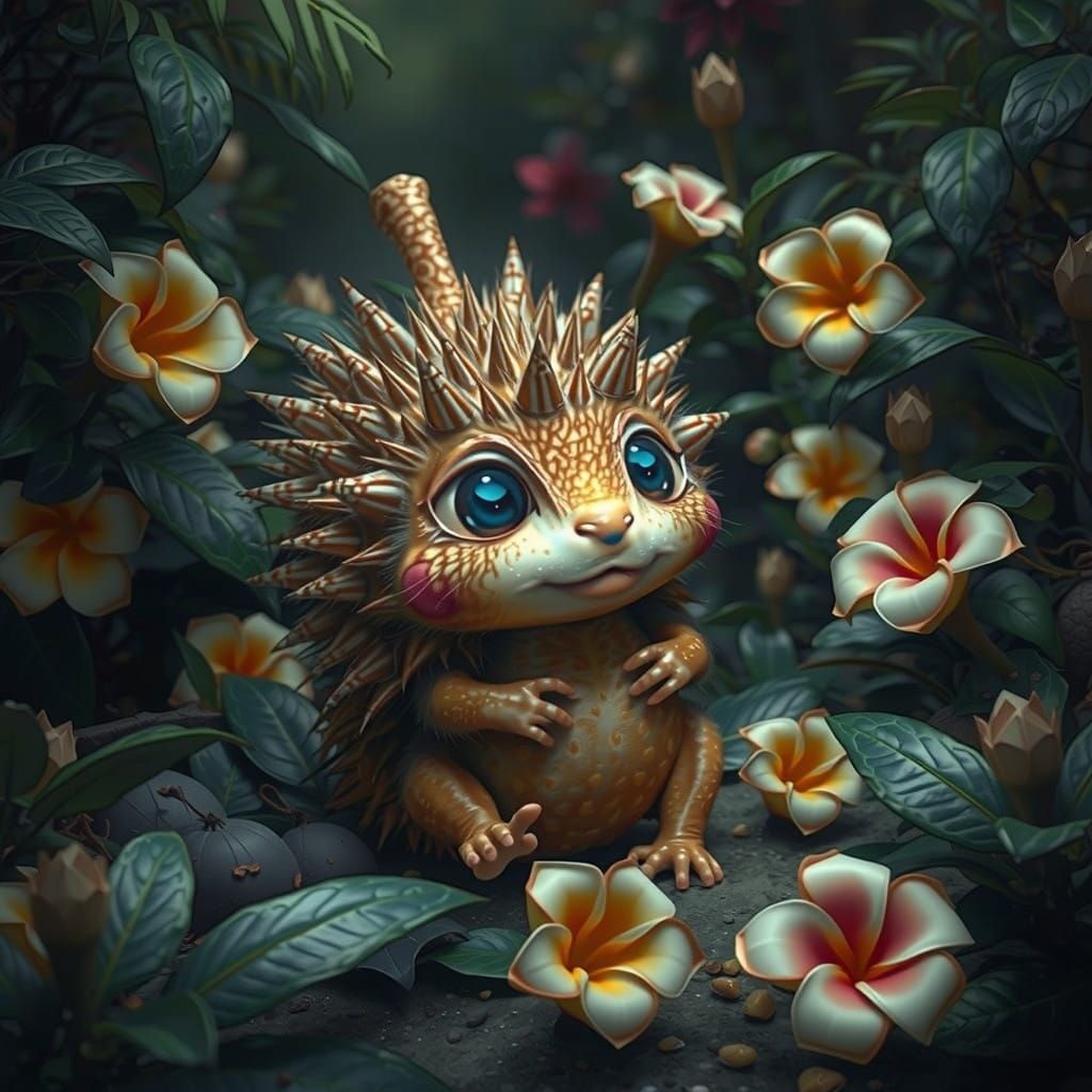 Whimsical Creature Surrounded by Tropical Durian Fruits in H...