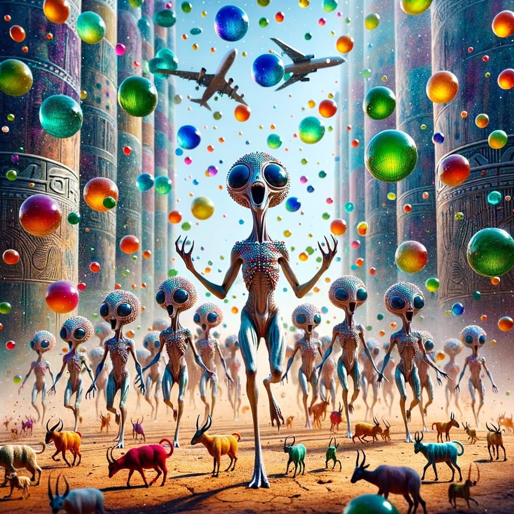 Surreal Futuristic Celebration with Joyful Alien Creatures a...