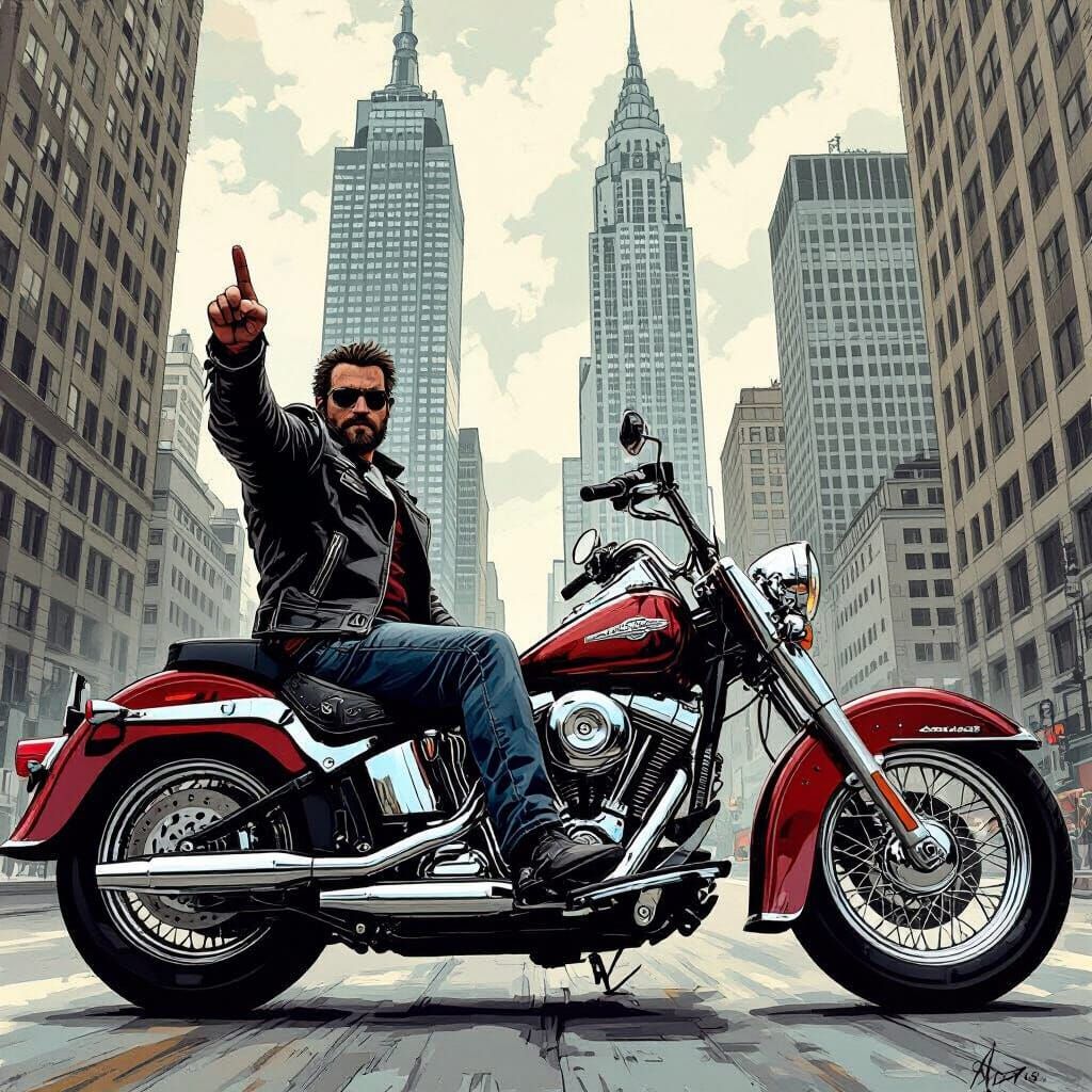 Biker Defies Skyscrapers in David Mann Style