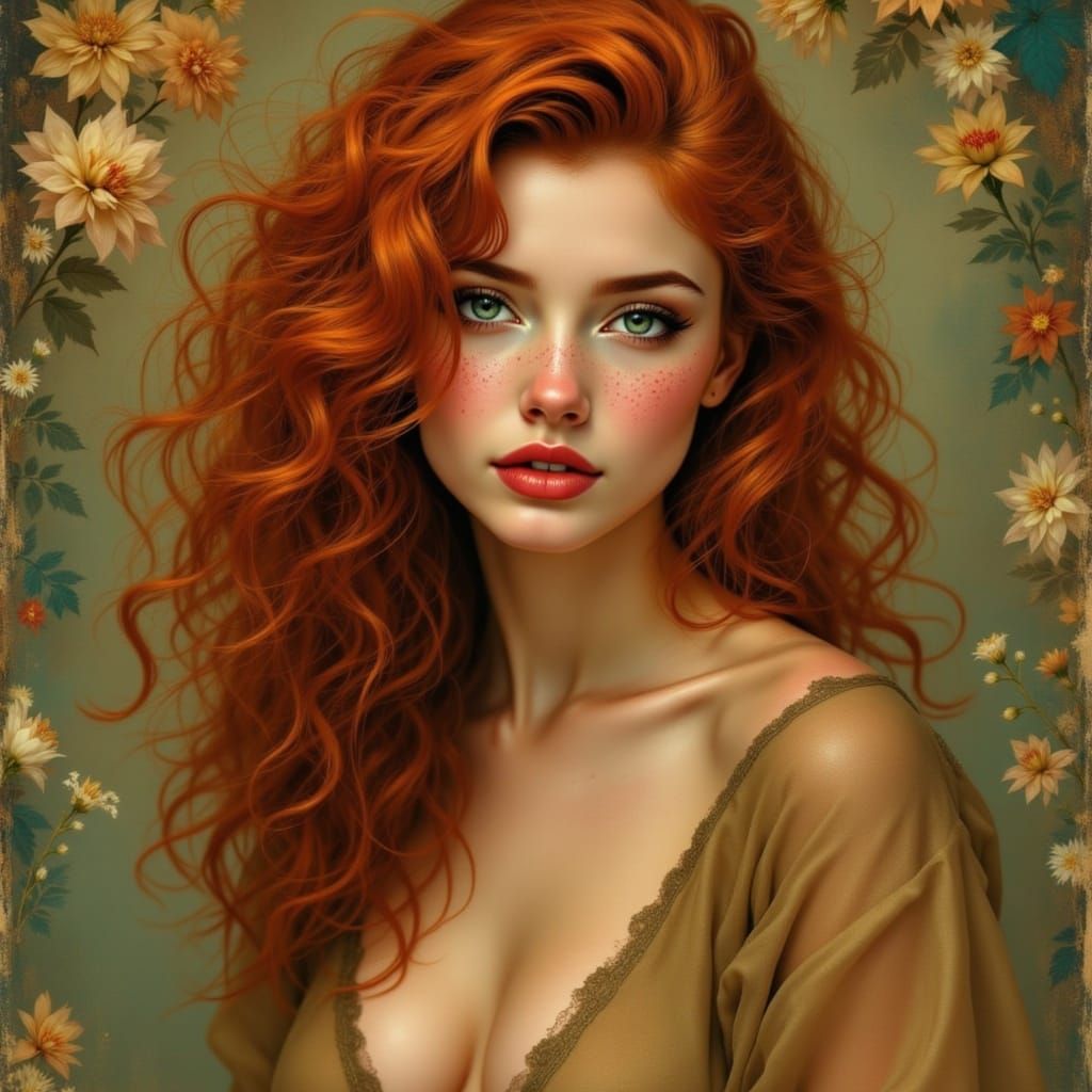 Pin-Up Woman with Red Hair and Freckles