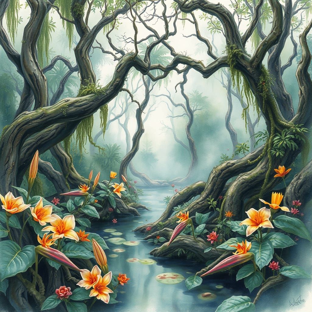 Mystical Cypress Swamp in Dreamy Watercolor
