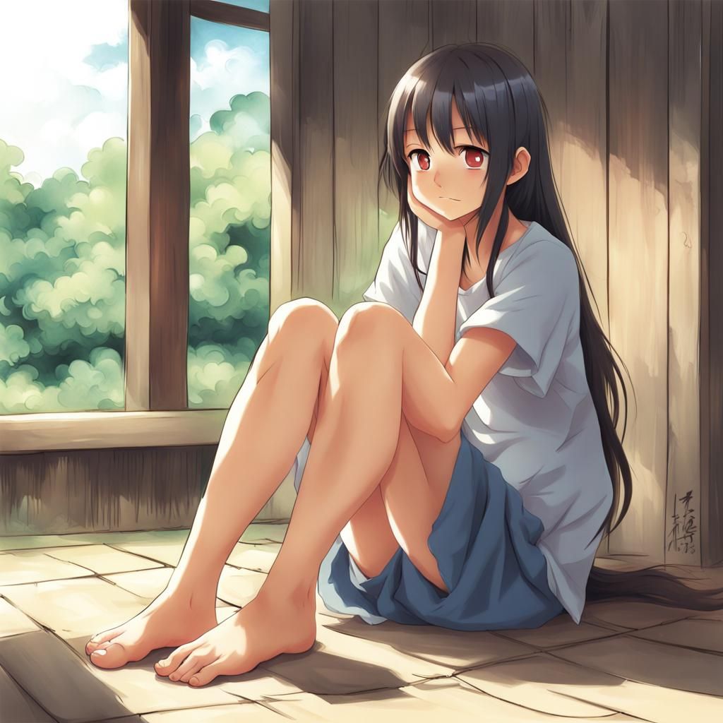 Barefoot Girl Sitting in Anime Key Visual Style