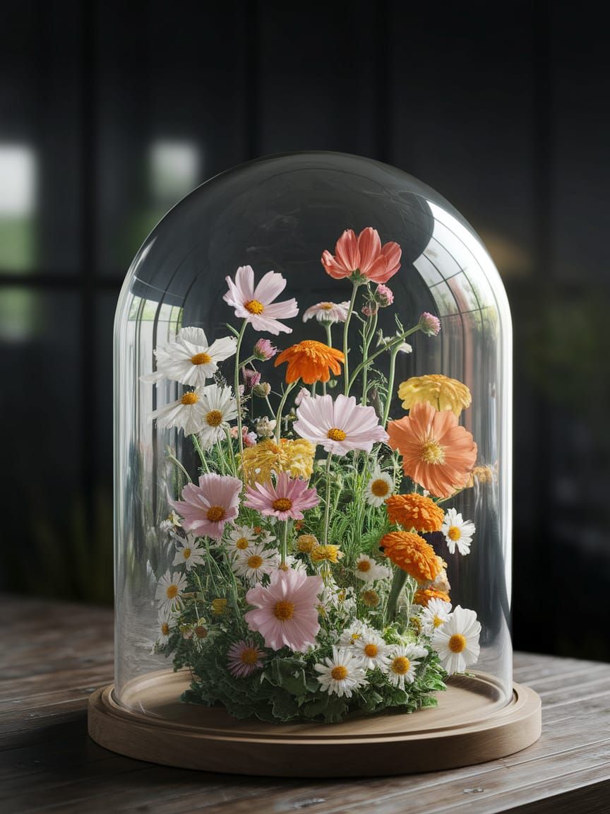 Vibrant Wildflowers in a Glass Dome