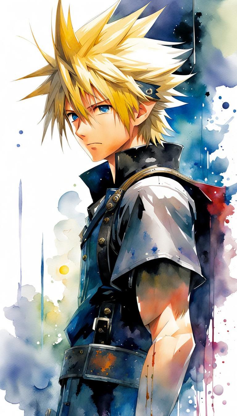 Cloud Strife Watercolor Portrait in Vivid Colors