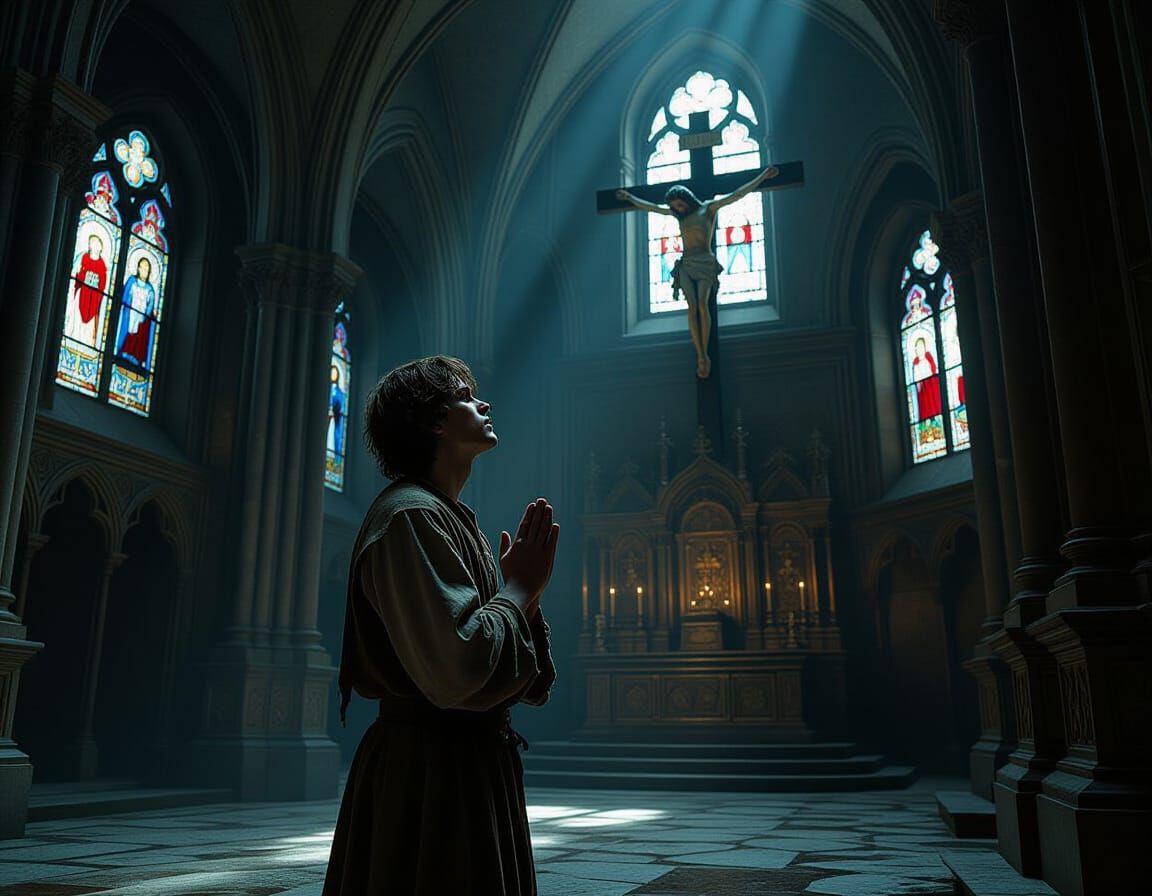Man Praying in Cathedral Crypt in Digital Art Style