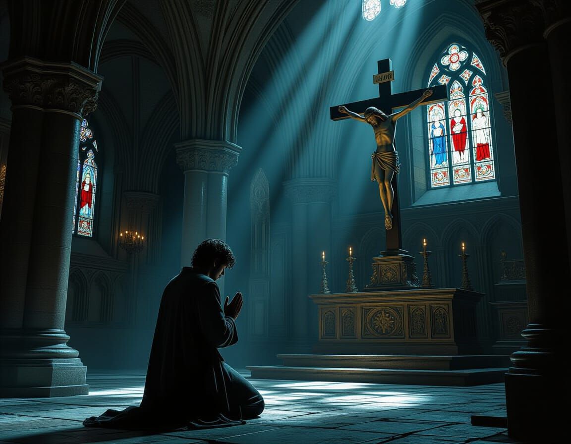 Young Man Kneeling in Prayer in Ornate Crypt