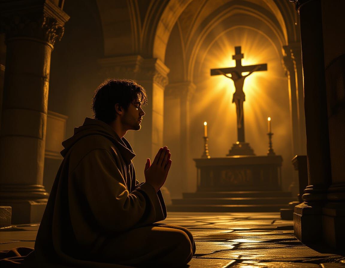 Young Man Praying in Cathedral Crypt with Golden Light