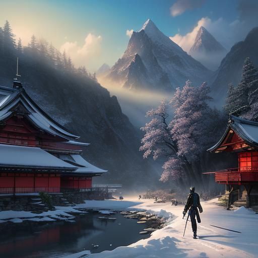 Anime Ninja Cat-Woman in Snowy Shrine