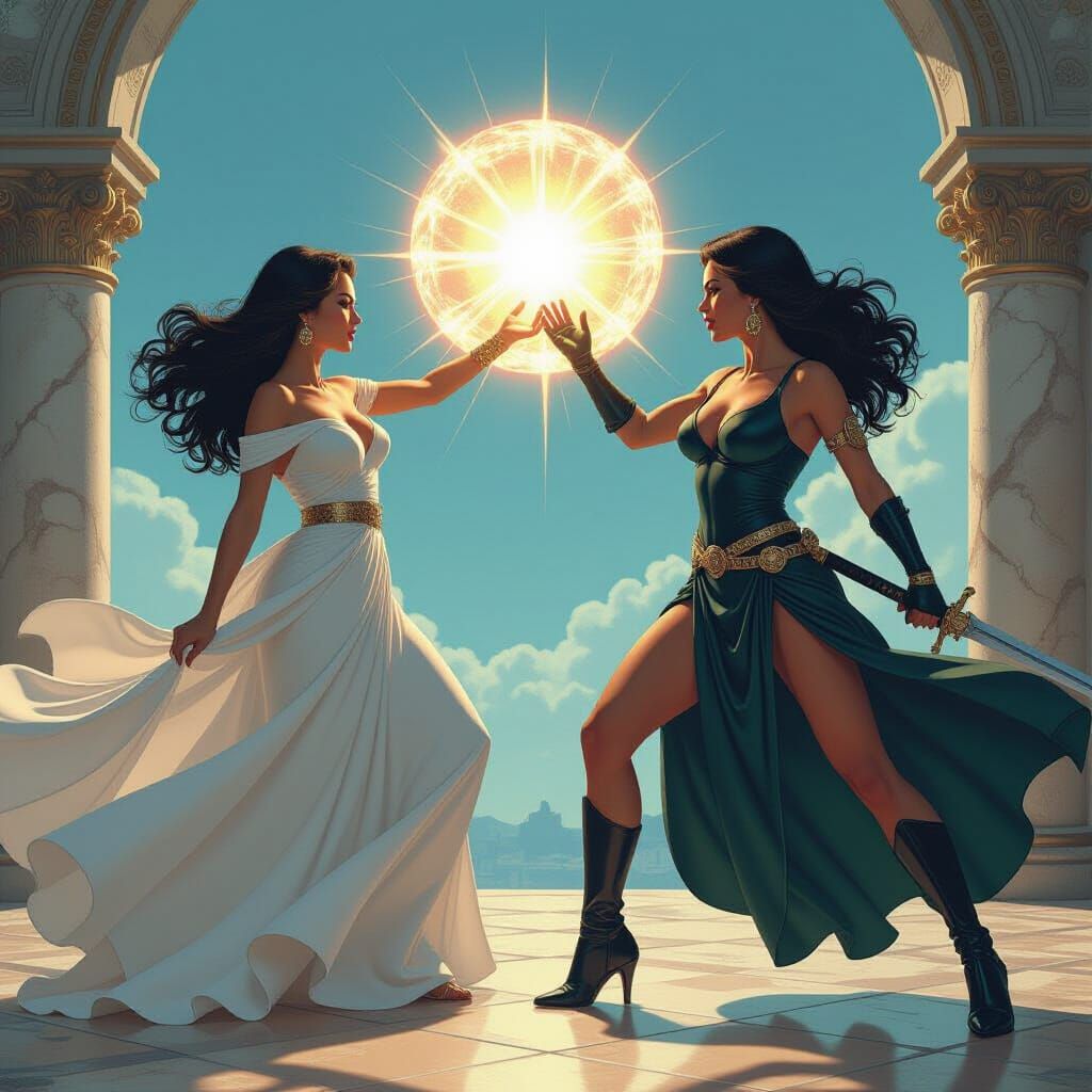 Epic Battle: Light vs Dark in Retro Comic Style