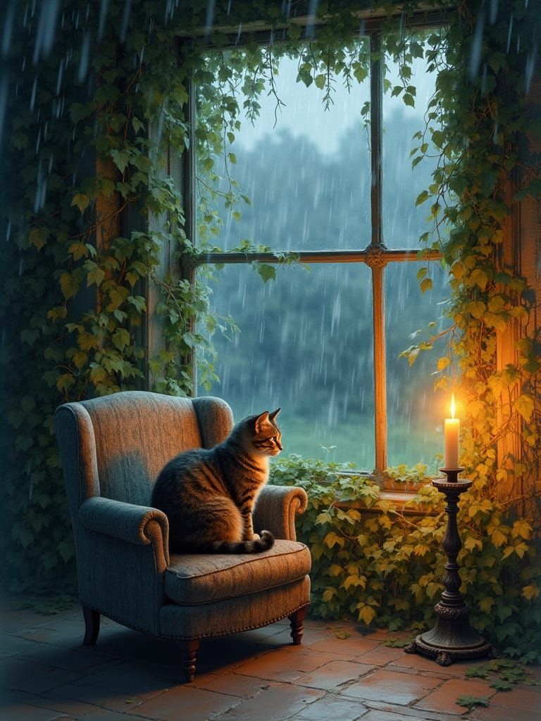 Cat in Mansion Window: Watercolor Fantasy Art